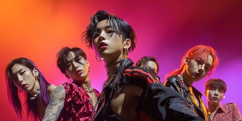 K-Pop stars concept with imaginary Korean pop music singers in a colorful background