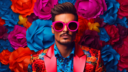 Contemporary pop art portrait of handsome man in stylish outfit on bold bright blooming background. Modern drawing painting poster of fashionable vintage retro people