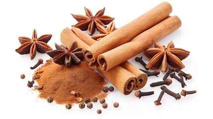 Close up Cinnamon stick and different variation of spices isolated on white background. ground spice, star anise, clove. Flat lay, front view, food design, with copy space. mockup. 