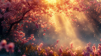 Sunlight Filters Through A Canopy Of Cherry Blossoms, Casting A Warm Glow On The Floating Petals