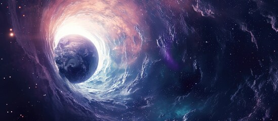 Illustration concept: Planet traveling through a dark tunnel in a wormhole