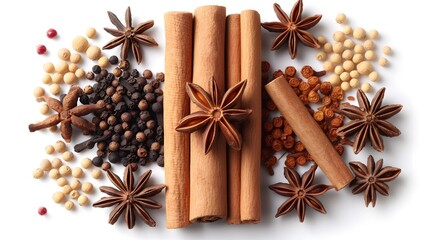 Cinnamon stick and different variation of spices isolated on white background. star anise, clove. Flat lay, top view, food design, with copy space. mockup. 