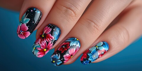 Colorful painted nails with an intricate design for manicure concept