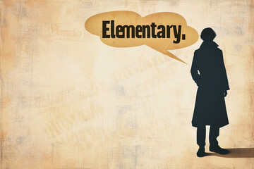 Minimalist representation of Sherlock's silhouette with a text bubble containing the word "Elementary," encapsulating his famous catchphrase in a single, impactful image