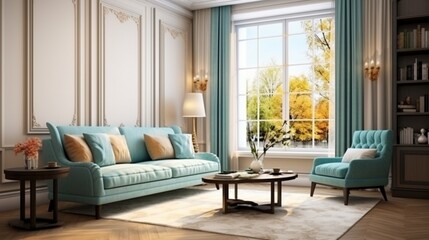 Modern interior design of cozy apartment, living room with beige sofa, turquoise armchairs. Room with window