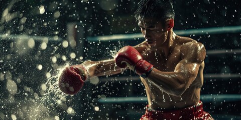 Kickboxing concept with kickboxer wearing gloves in action pose
