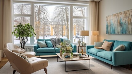 Modern interior design of cozy apartment, living room with beige sofa, turquoise armchairs. Room...