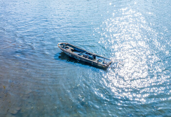 Drone view. a view of abandoned ships floating on the sea.