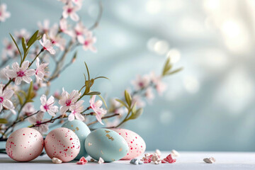Easter eggs of neutral light shades with specks, spring flowering twig, empty background for text
