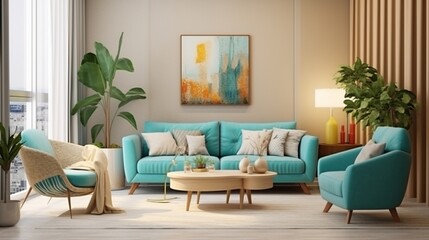 Modern interior design of cozy apartment, living room with beige sofa, turquoise armchairs. Room with window