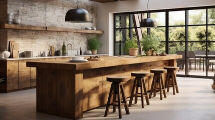 Rustic Chic: Modern Interior Design of Kitchen with Solid Wood Island and Cozy Rustic Stools � A Harmonious Blend of Elegance and Comfort