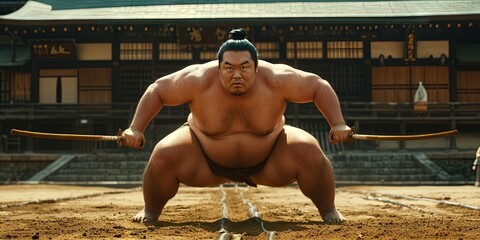 Sumo concept with heavyweight sumo wrestler - obrazy, fototapety, plakaty