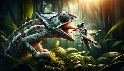 A vividly detailed chameleon catching a grasshopper, showcasing a dramatic interaction between predator and prey in a lush, tropical forest environment.Animals behavior concept. AI generated. - obrazy, fototapety, plakaty