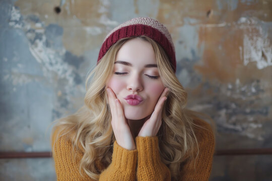 Romantic blonde young hippie girl making kiss face with lips wearing knit hat and sweater, grunge plaster wall background