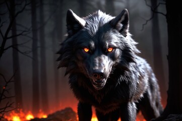 A black wolf with glowing red eyes stands in a dark forest. The ground is covered in fire.