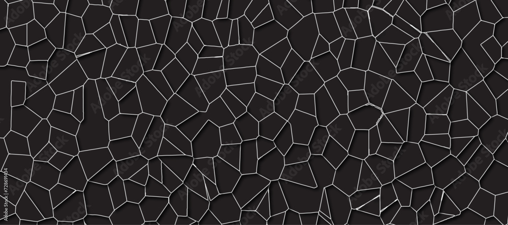 Poster black color broken stained-glass background with white lines. voronoi diagram background. seamless p