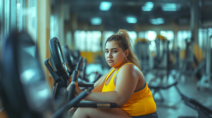 Fat woman exercising in the gym surrounded by people and fitness equipment