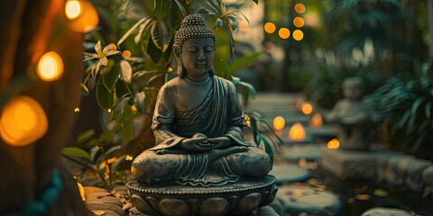 Buddhism concept with meditating buddha statue