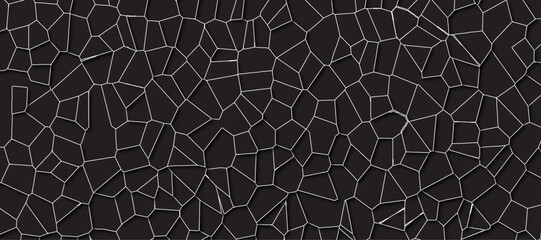 Black color Broken Stained-Glass Background with white lines. Voronoi diagram background. Seamless pattern with 3d shapes vector Vintage Illustration background. Geometric Retro tiles pattern