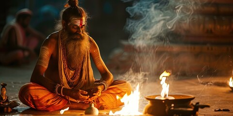 Hindu man worshipping his ancient gods - obrazy, fototapety, plakaty