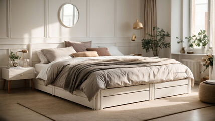 Fototapeta na wymiar Cozy Bed Haven with Hidden Storage for Bedding