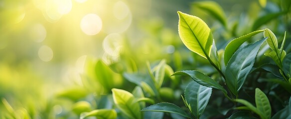 Obraz premium Close up of fresh green tea leaves growing at tea plantation with sunlight in morning.