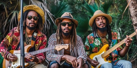 Reggae band with Jamaican bandmates playing musical instruments. 