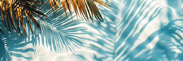 Naklejka na ściany i meble Top view of tropical leaf shadow on water surface. Shadow of palm leaves on white sand beach. Beautiful abstract background concept banner for summer vacation at the beach