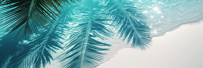 Top view of tropical leaf shadow on water surface. Shadow of palm leaves on white sand beach. Beautiful abstract background concept banner for summer vacation at the beach