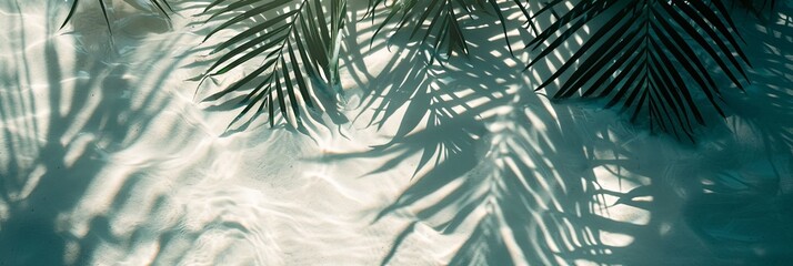 Fototapeta na wymiar Top view of tropical leaf shadow on water surface. Shadow of palm leaves on white sand beach. Beautiful abstract background concept banner for summer vacation at the beach