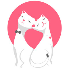 Two white cartoon cats isolated on transparent background. Png couple cats on pink sun backdrop
