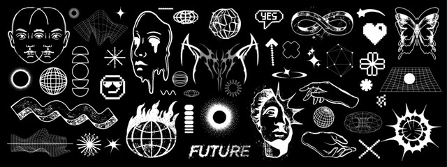 Retro futurism y2k sticker collection, vector brutalism retro wave design object set abstract shape. Contemporary cyber techno print, human face, globe hands grid. Retro futurism bitmap noise clipart