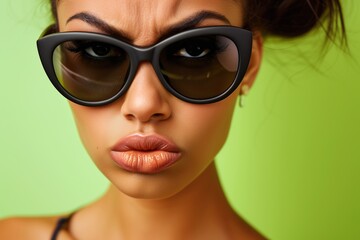 Close-Up Portrait of Woman with Black Sunglasses and Lipstick: Disgruntled Expression, Lime Green Background