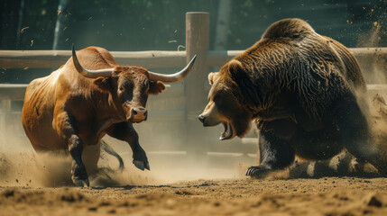 A bull and bear fighting. Stock market price trends bullish or bearish trading - obrazy, fototapety, plakaty