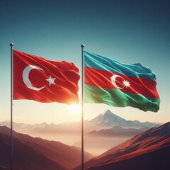 Flying Flags of Turkey and Azerbaijan against Mountain Backdrop - Unity in Diversity
