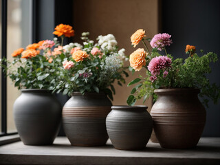 Fototapeta na wymiar Modern Decor: Flowers in Rustic Pots Near Dark Grey Wall - Stock Photo