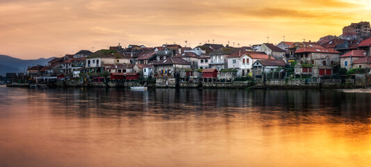 Panoramic view of the old village of Combarro in Galicia, Spain at sunset.