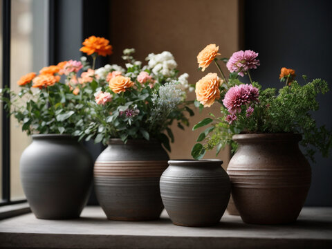 Modern Decor: Flowers in Rustic Pots Near Dark Grey Wall - Stock Photo

