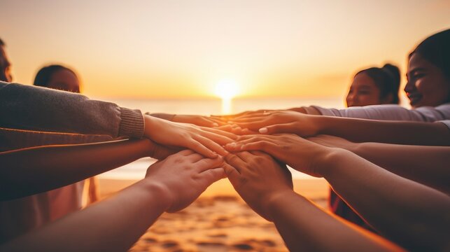 Group of people hands together. A group of volunteers who join hands with the concept of togetherness