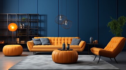 Orange tufted sofa and dark blue armchair and pouf. Interior design of modern living room