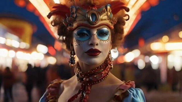 colorful carnival in the city, bright lights, a young woman with carnival mask in front
