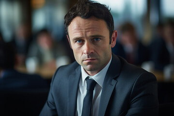 Fototapeta premium Generative AI picture of handsome successful man working in office on business meeting conference