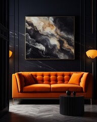 Orange velvet sofa against of black paneling wall with marble poster. Interior design of modern living room