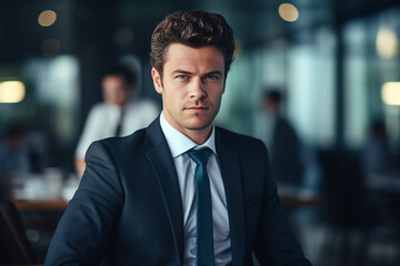 Fototapeta premium Generative AI portrair of happy smiling successful busy person working in office