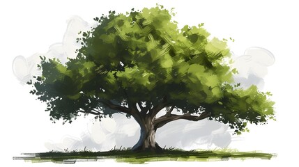 Single big green leafy tree background cloudy, nature environment concept. illustration, fantasy. copy space. mockup.