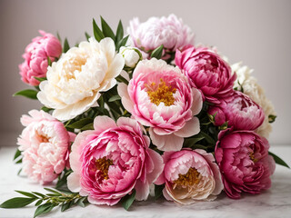 Bouquet of Spring Bliss: Large Mixed Peonies on White Background - Stock Photo


