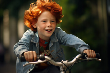 Fototapeta na wymiar AI generated picture of positive funny child bicyclist riding on street enjoy carefree moment summer holidays