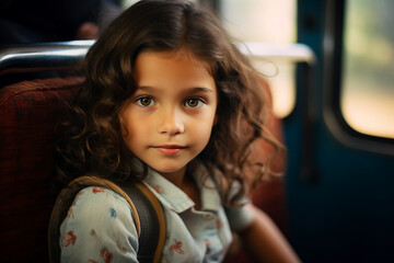 AI generated picture photo of adorable charming girl riding on a bus traveling in the city