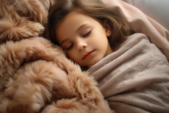 Generative AI picture of adorable lovely cute girl sleeping in comfortable bed enjoying sweet dreams