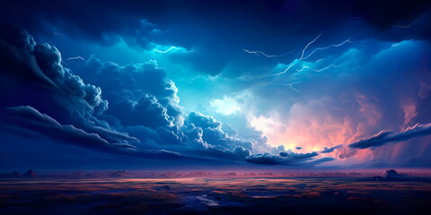 thunderstorm rolling across open plains, with lightning illuminating the dark sky. Generative AI